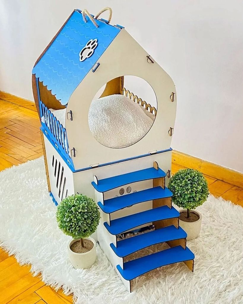 Katzenhaus 2-stöckig mit Treppe und Fenster – Blau-Weiß – Balkon mit Geländer – Katzenhaus mit Motiv – Indoor Tierhaus aus Holz – von ...