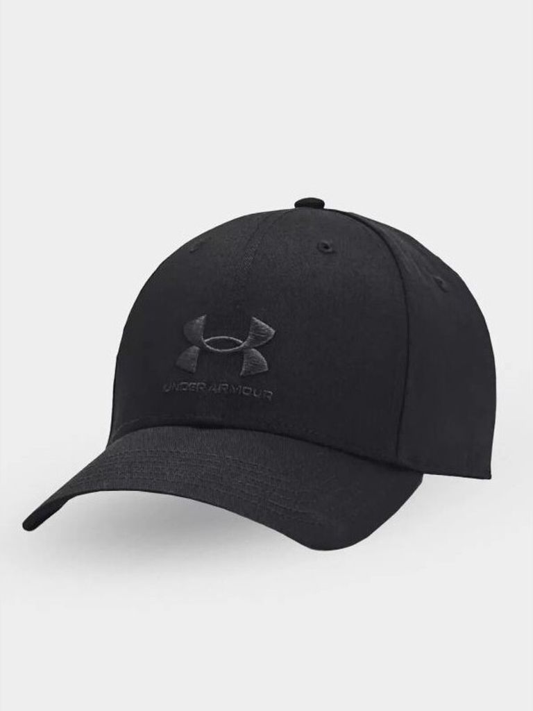 A black Under Armour cap is shown against a white background.