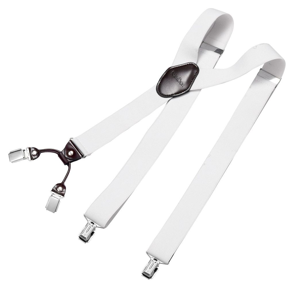 DonDon Herren Hosenträger 3,5 cm breit 4 Clips mit braunem Leder in Y-Form elastisch und längenverstellbar - weiß