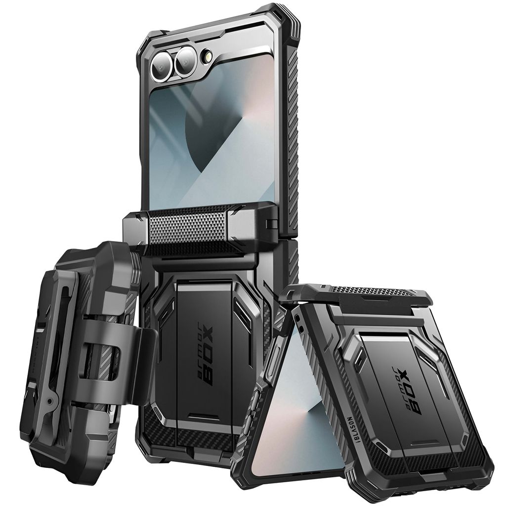 A black protective phone case with a holster and kickstand, displayed against a white background.