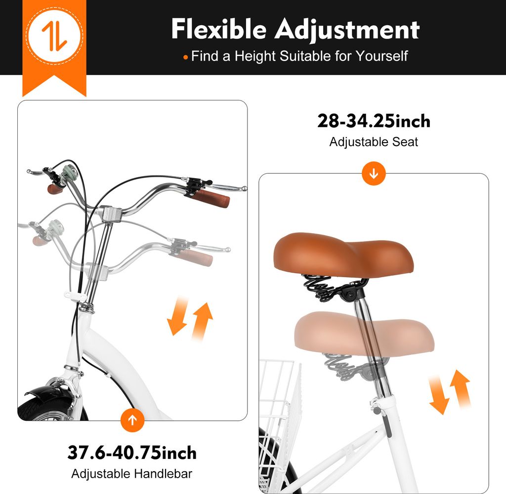 20" Adult Dreirad 3 Räder Für Erwachsene Weiß Fahrrad Tricycle Höhenverstellbar Erwachsenendreirad mit Korb für ältere Einkaufen