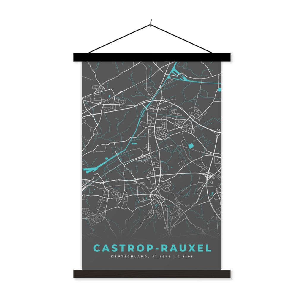 MuchoWow Textilposter Castrop Rauxel - Stadtplan - Blau - Karte - Deutschland 60x90 cm mit schwarzem Rahmen - Poster Wohnzimmer