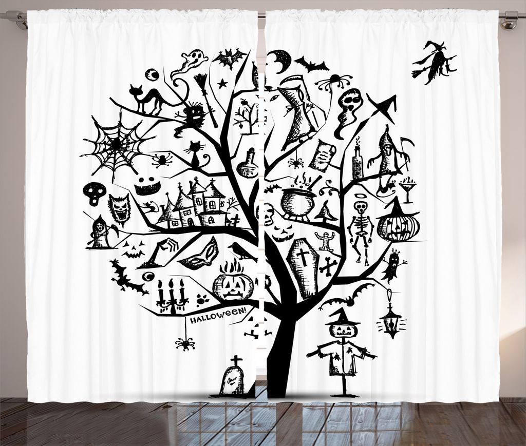 ABAKUHAUS Halloween Rustikaler Gardine, Fliegende Hexe, Schlafzimmer Kräuselband Vorhang mit Schlaufen und Haken, 280 x 225 cm, Weiß Schwarz