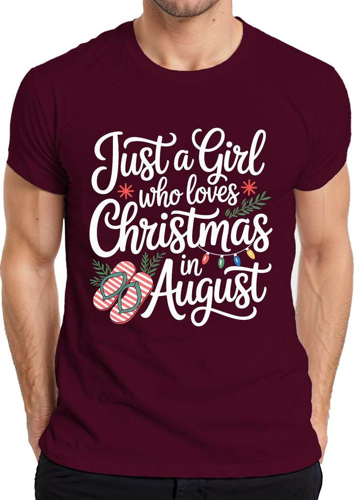 Just a Girl who loves Christmas in August summer flip flops gift Herren T-Shirt, Burgundy, XXL