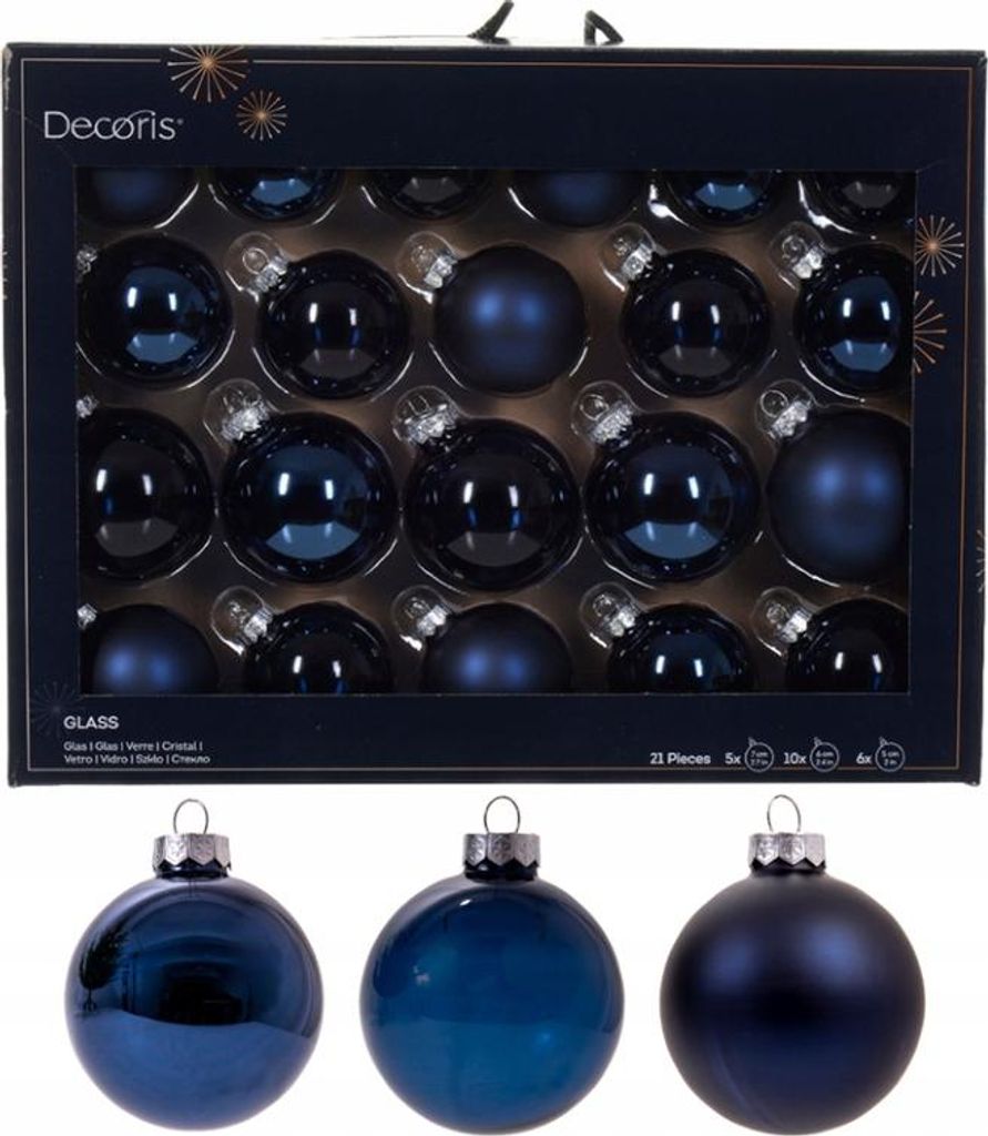21er Set Glas Weihnachtskugeln, Marineblau, 5/6/7 cm, Matt Produktbild 