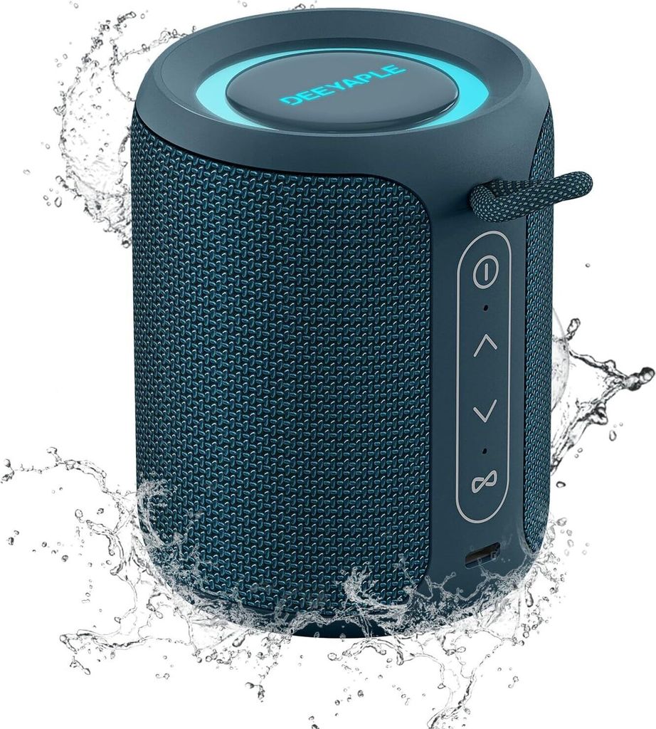 Deeyaple Bluetooth Lautsprecher Klein, Tragbare Musikbox, Bluetooth 5.3, IPX7 Wasserdicht, Kabellose Stereo Pairing, Freisprech, RGB Licht, Blau