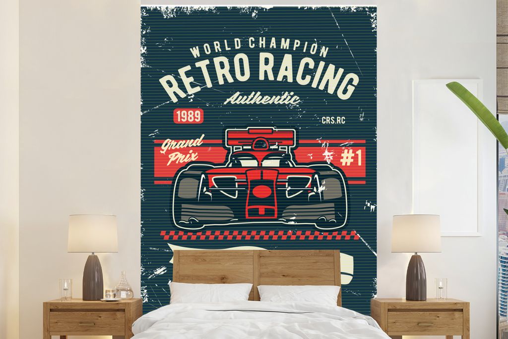 MuchoWow Fototapete für Wohnzimmer oder Schlafzimmer Wandtapete Vinyl Motivtapete Rennwagen - Rennstrecke - Vintage - Zeichnung - 180x280 cm - W...