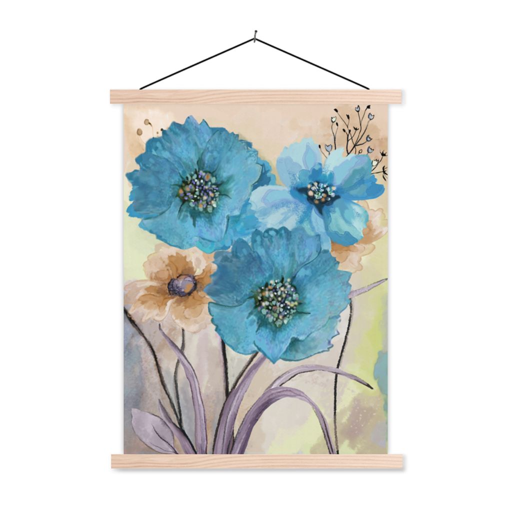 MuchoWow Textilposter Malerei - Ölfarbe - Collage - Blumen 120x160 cm mit holzfarbenen Rahmen - Plakatkarton