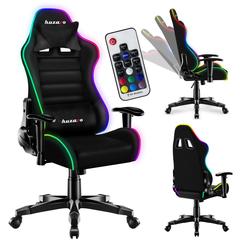 A collage of images showing a gaming chair with RGB lighting, a remote control, and different angles of the chair.