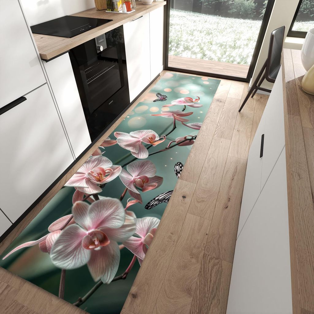 Küchenteppich 80x300cm rutschfest & abwischbar PVC Läufer - Orchideen Schmetterling