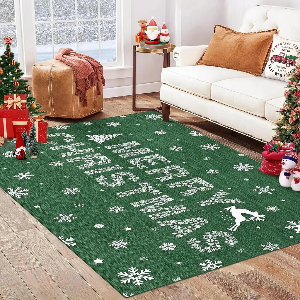 Tapis Vert Doux Antidérapant Flocon de Noël 120cm en Polyester Lavable