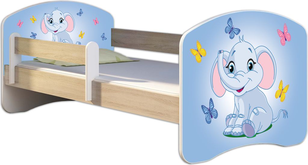 ACMA Jugendbett Kinderbett Junior-Bett Komplett-Set mit Matratze Lattenrost und Rausfallschutz Sonoma 26 Elefant 160x80