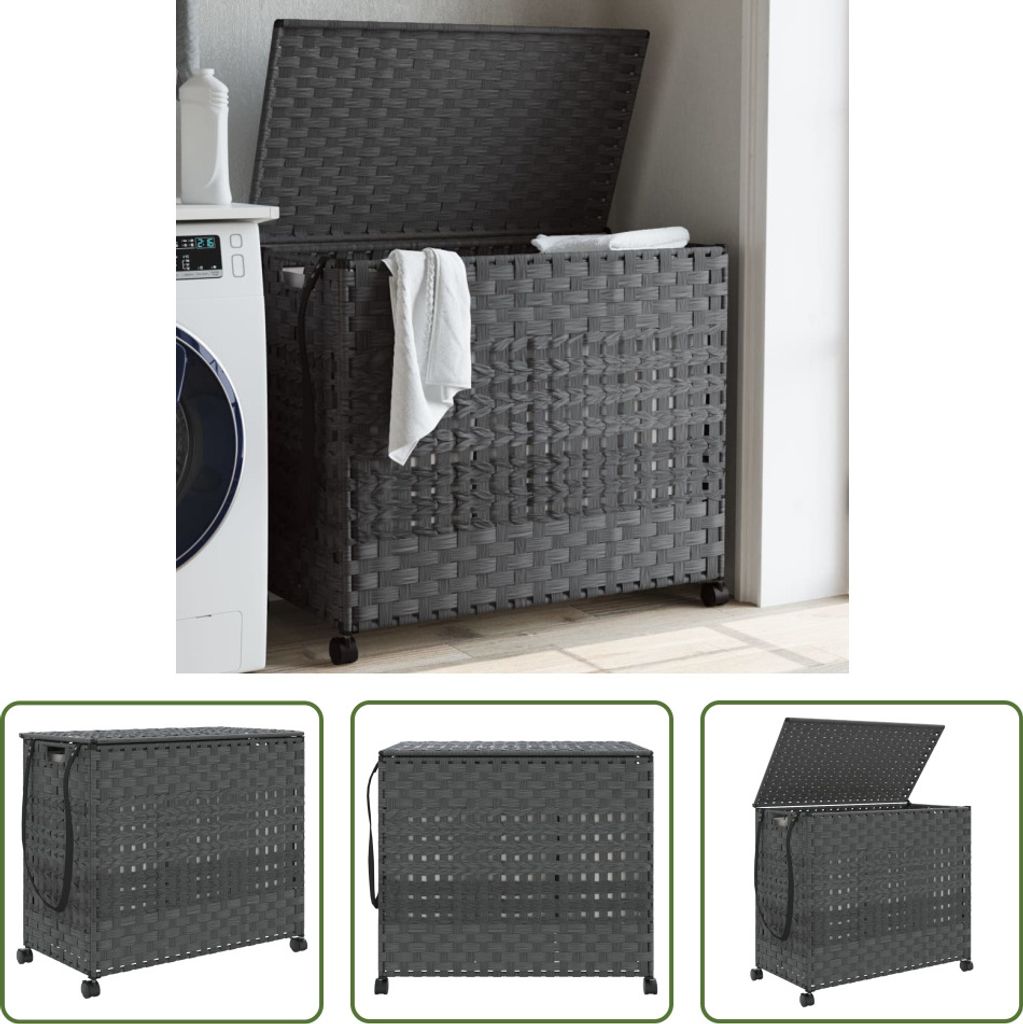 The Living Store Wäschekorb mit Rollen Grau 66x35x60 cm Rattan