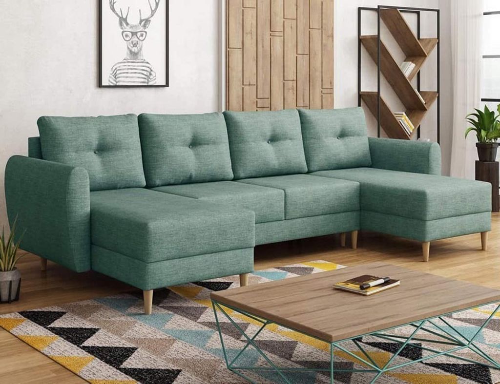Easy4You Minze Ecksofa Manstad in U-Form 305x95x145 cm mit Schlaffunktion und Bettzeugbehälter - Schlafsofa mit Bettkasten und Holzfüße - Eckcou...