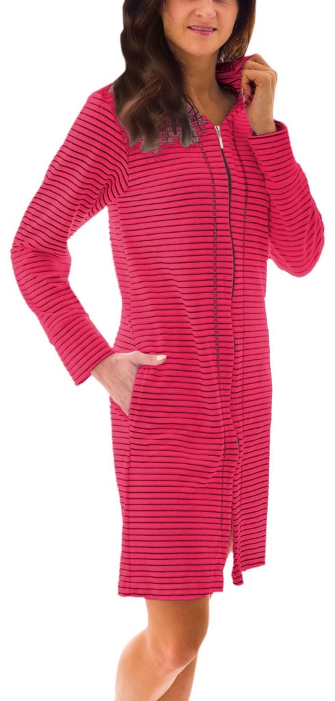 Aquarti Damen Bademantel Morgenmantel mit Reißverschluss Streifen Kurz Baumwolle, Farbe: Streifenmuster Himbeere, Größe: XL