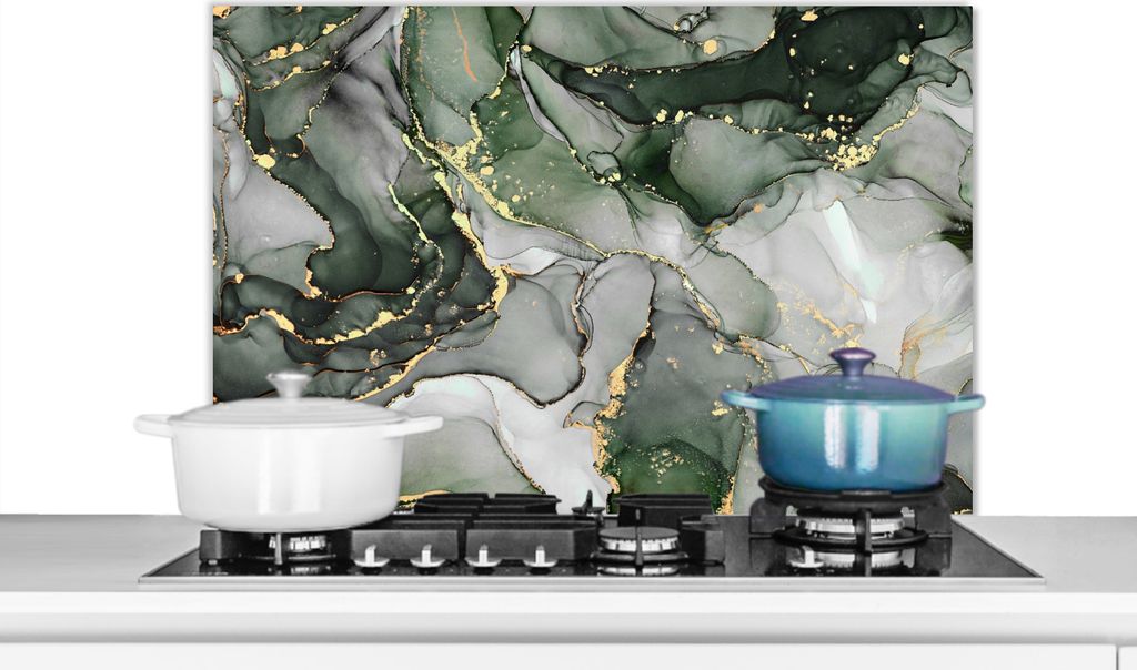 KitchenYeah Spritzschutz Küche - Küchenrückwand - Wandschutz für Herd und Spüle - Luxus - Marmor - Grün 90x60 - Alu-Dibond (Alternative zu...