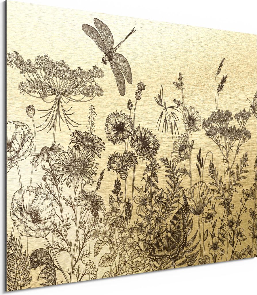 DEQORI Alu-Dibond Bild Gold 80x60 cm 'Naturstudie in Tinte' Wandbild Metall dünn Design