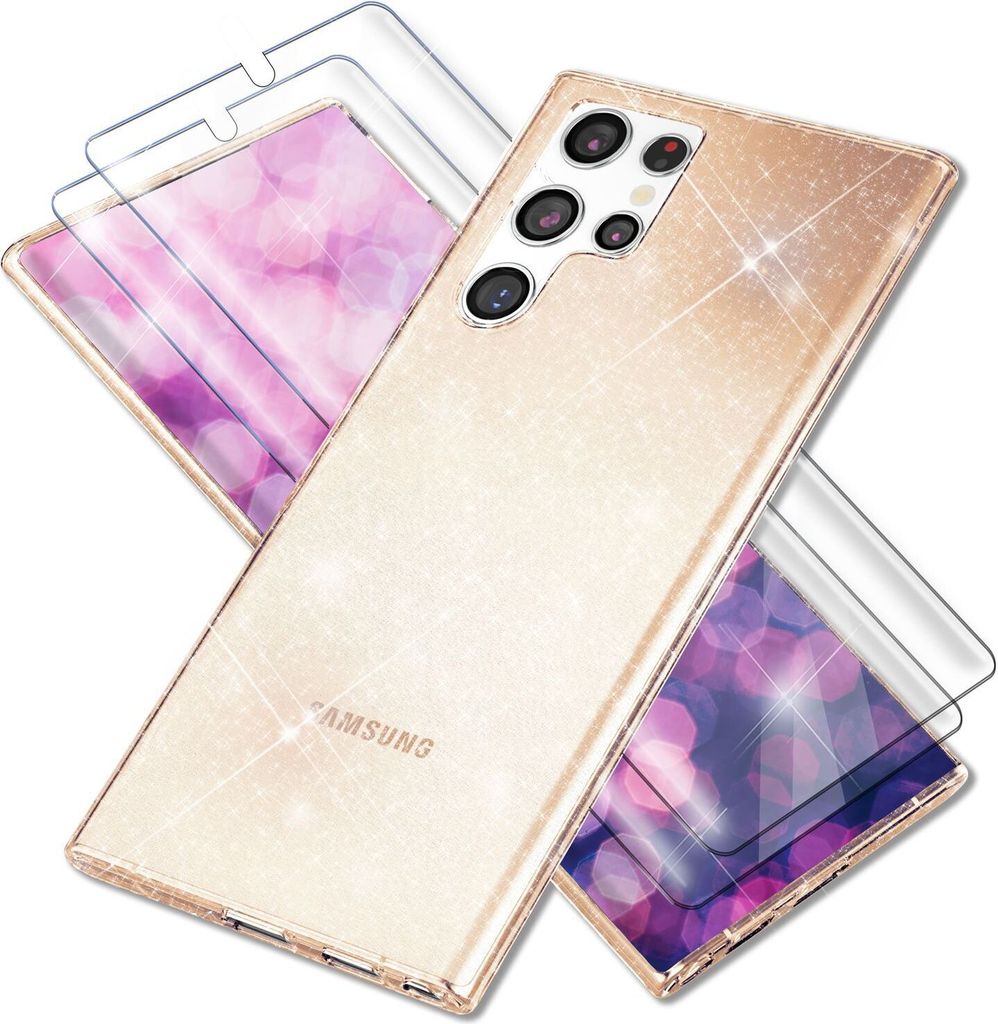 A gold glitter phone case with two screen protectors, showing a pink and purple bokeh pattern underneath.