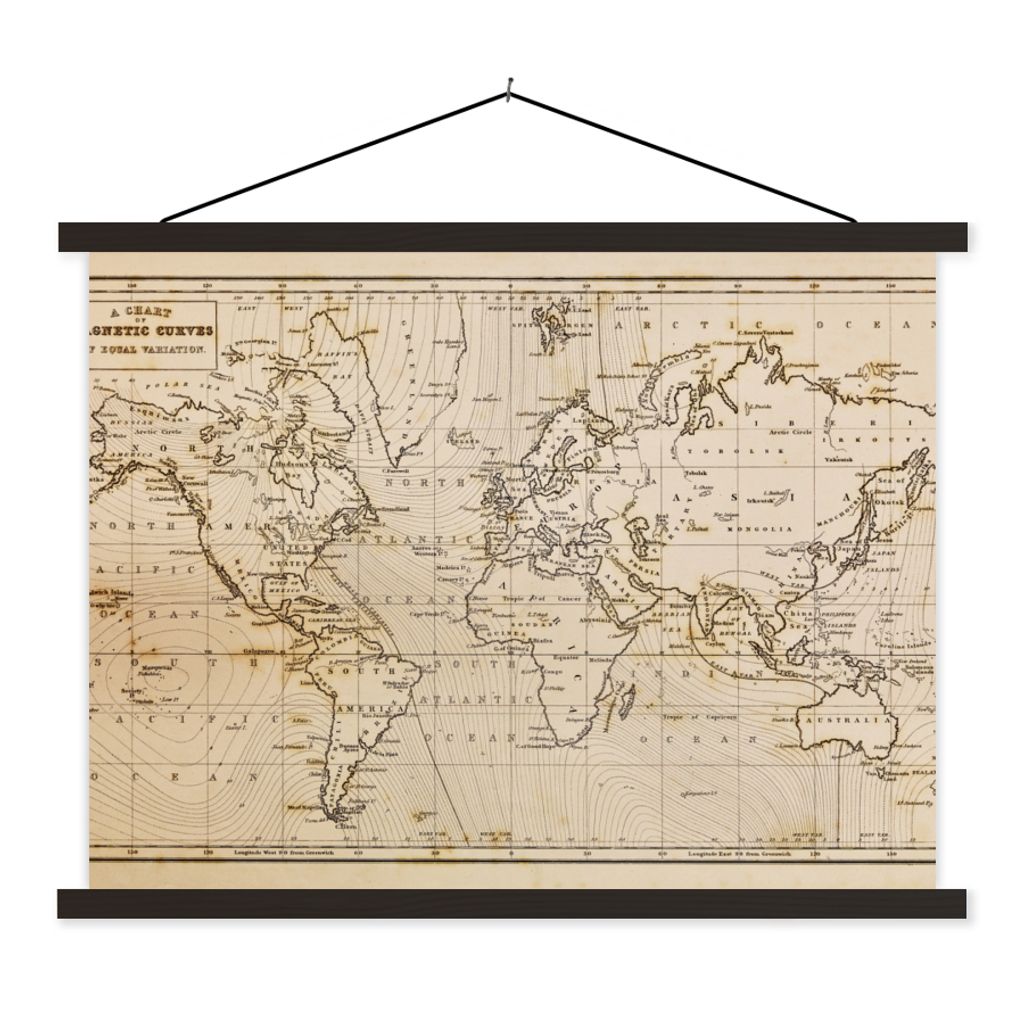 MuchoWow Textilposter Weltkarte - Vintage - Braun - Pädagogisch 60x45 cm mit schwarzem Rahmen - Poster Schlafzimmer