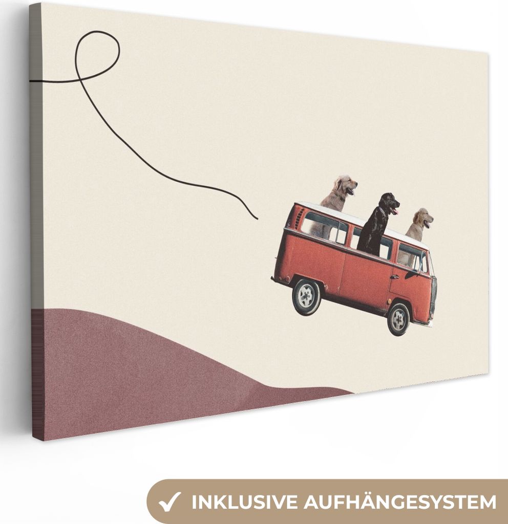 MuchoWow - Leinwandbilder - Hund - Retro - Bus, Wandbild, Wanddeko Bilder Wohnzimmer, 30x20 cm
