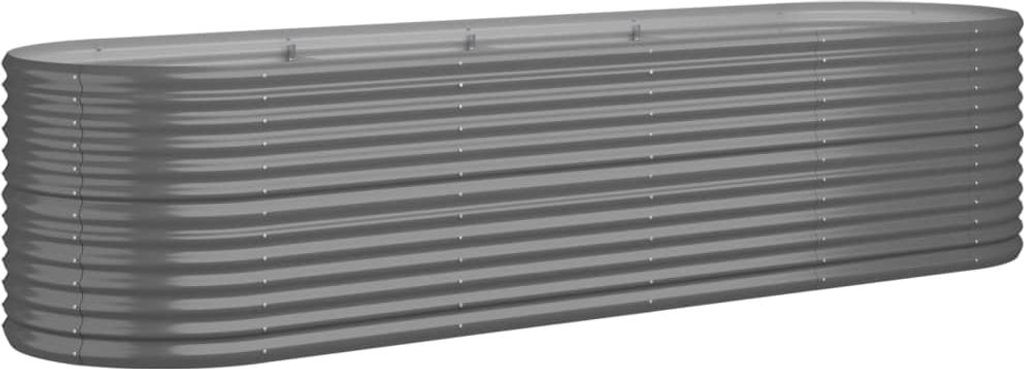A long, grey, corrugated metal raised garden bed is shown against a white background.