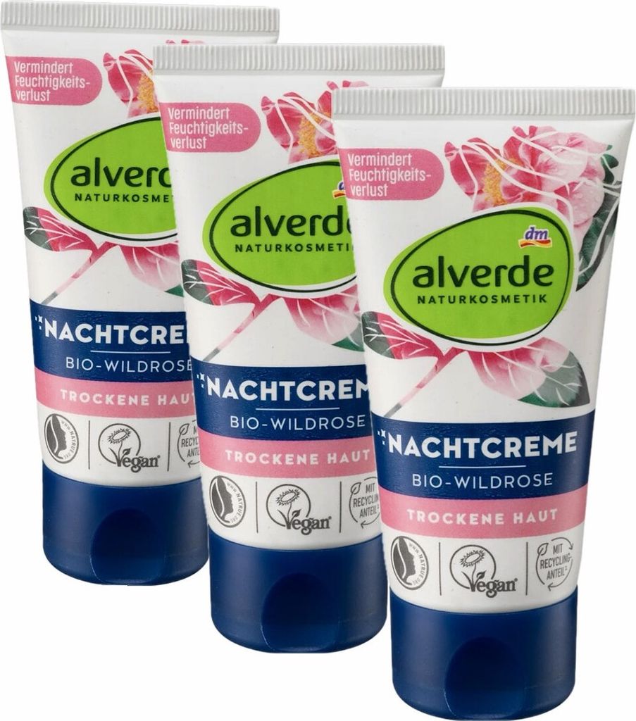 3 x alverde Naturkosmetik - Nachtcreme / Gesichtscreme Bio-Wildrose (3 x 50 ml)