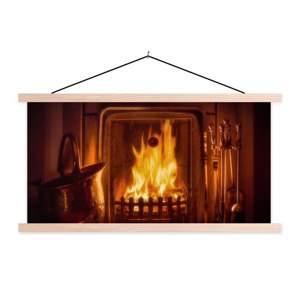 MuchoWow Textilposter Ein Kamin mit einem warmen Feuer 60x30 cm mit holzfarbenen Rahmen - Dekoration
