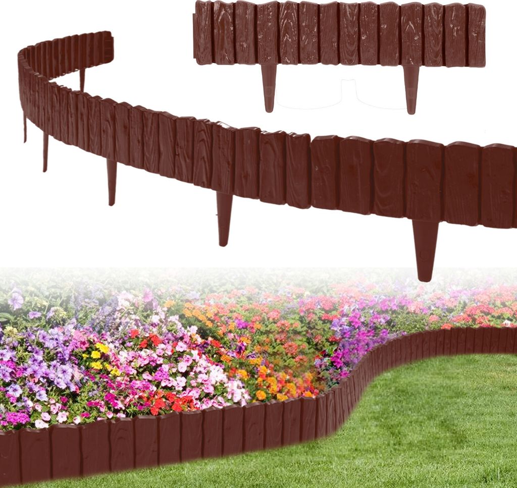 Hengda 20 Stück Rasenkante Holzoptik Beeteinfassung Beetzaun Beetumrandung Kunststoff für Garten, Wiese 11,5m Braun