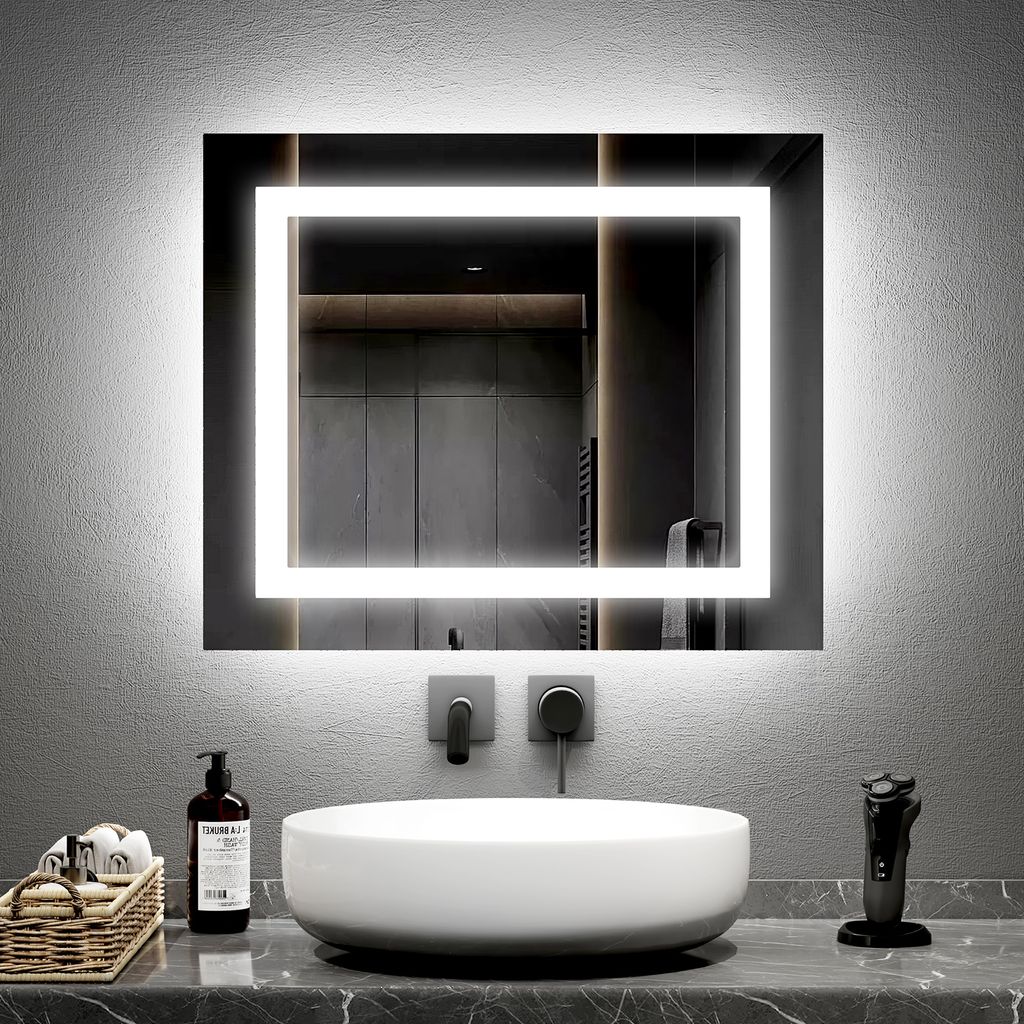 EMKE Badspiegel mit Beleuchtung 60 x 50 cm LED Badezimmerspiegel Beschlagfrei mit Druckknopfschalter mit 2 Farben des Lichts, Kaltweißes und warme...