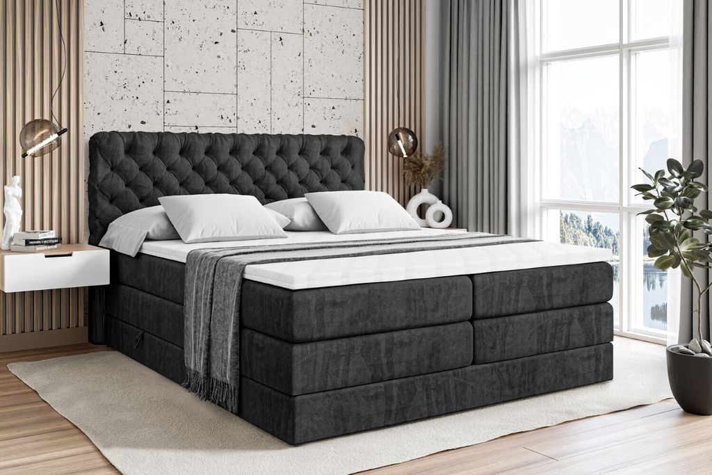 ALTDECOR Boxspringbett mit 2 Matratzen und Topper - 160x200 cm - BOXI8 KING - Schwarz Samt - Polsterbett mit, H3- und H4- Matratzen, Bettkasten und...