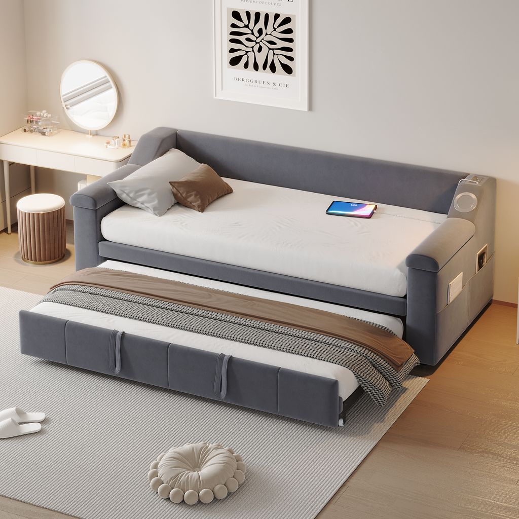 Flieks Tagesbett Daybed 90x190cm mit Bluetooth-Lautsprecher und USB, Schlafsofa Sofabett mit Ausziehbett, Polsterbett mit Taschen, Samt, Grau