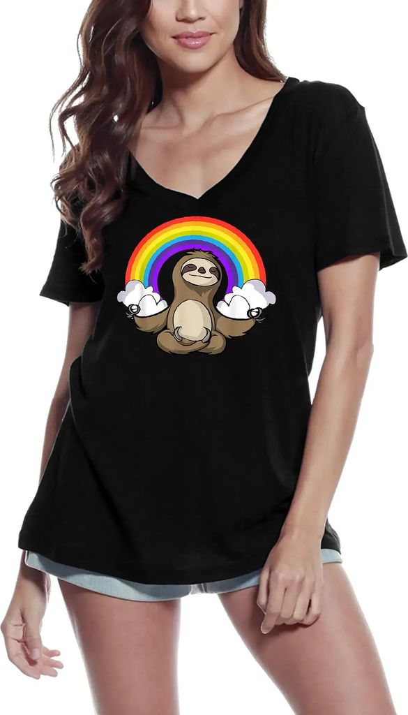 Damen Grafik T-Shirt V-Ausschnitt Lustige Faultier-Yoga-Regenbogen-Meditation – Funny Sloth Yoga Rainbow Meditation – Öko-Verantwortlich Vintage