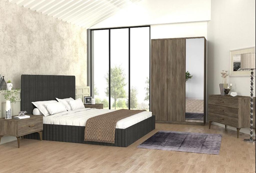 Schlafzimmer Möbel Ausstattung Set Komplett Bett 2x Nachttisch Schrank 5tlg