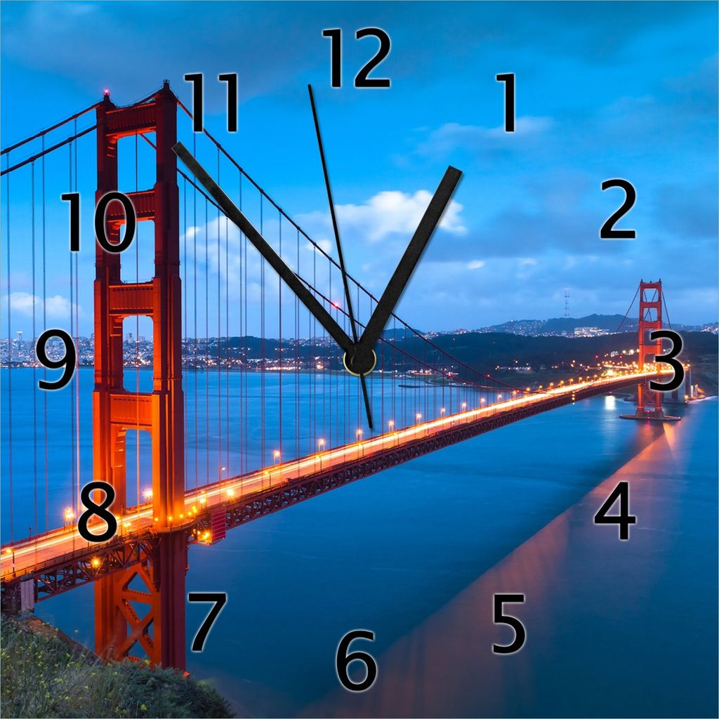 Wallario Design Wanduhr Golden Gate Bridge in San Francisco USA aus Echtglas, Größe 30 x 30 cm