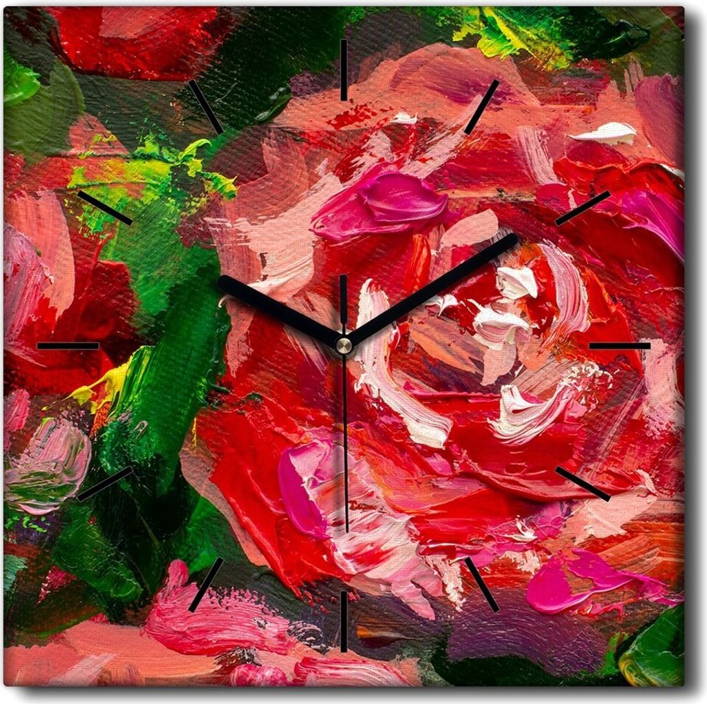 Coloray Uhr auf Leinwand 30x30 cm Wand Uhr Dekoration Wohnzimmer Segeltuch schwarze Hände -Blumen der Rosen Pfingstrosen
