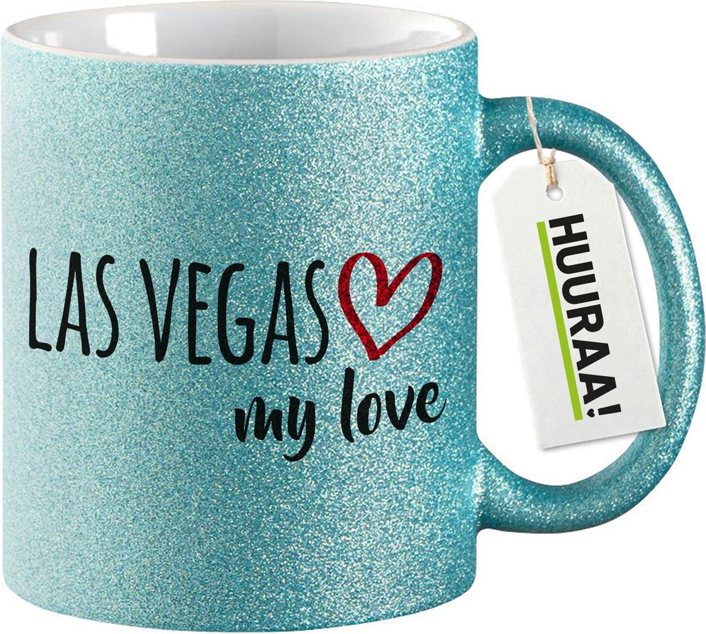 Huuraa Glitzertasse Las Vegas my love 330ml Blau Keramik Kaffeebecher Geschenkidee
