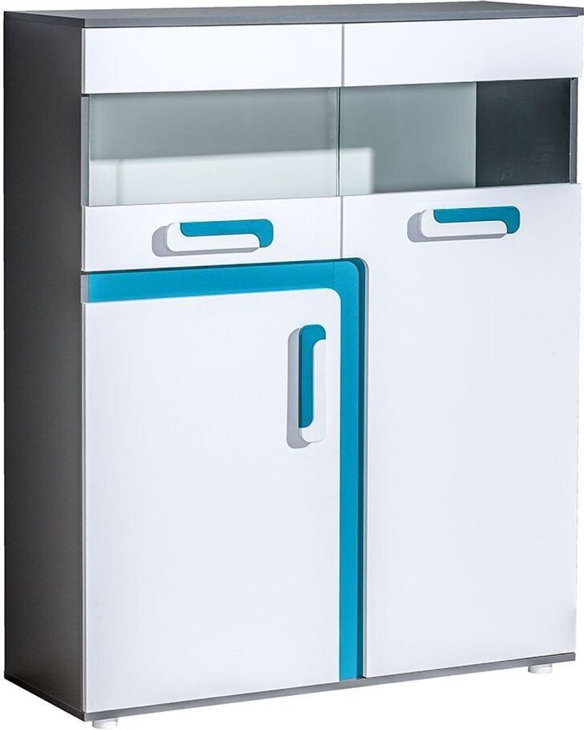 Mittelhohe Jugendzimmer Kommode / Highboard Oskar 16, Farbe: Anthrazit / Weiß / Blau - 136 x 110 x 40 cm, 2 Glastüren, 4 Einlegeböden, 1 Holztür