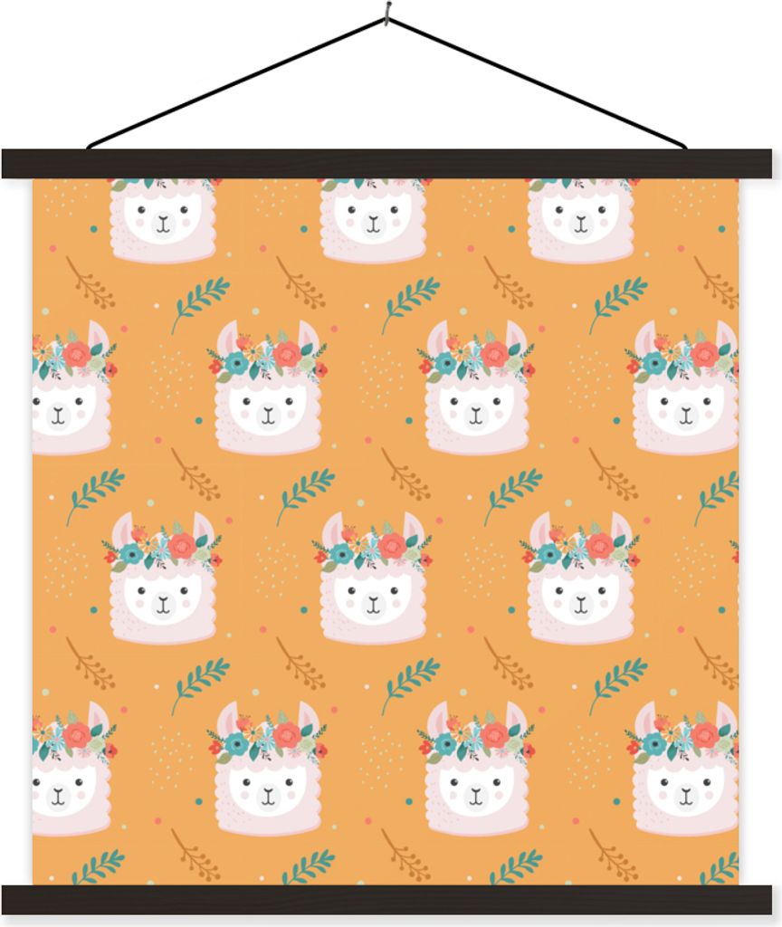 MuchoWow Textilposter Lama - Blumenkranz - Schnittmuster 90x90 cm mit schwarzem Rahmen - Magnetisches