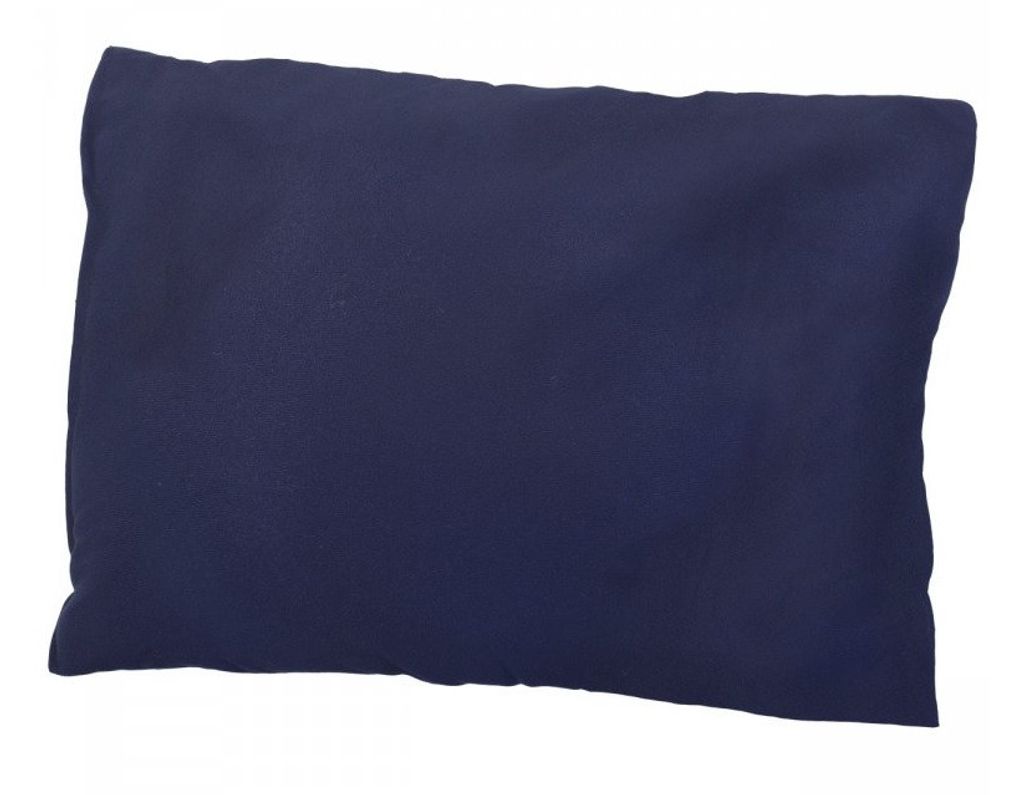 A dark blue pillow on a white background.