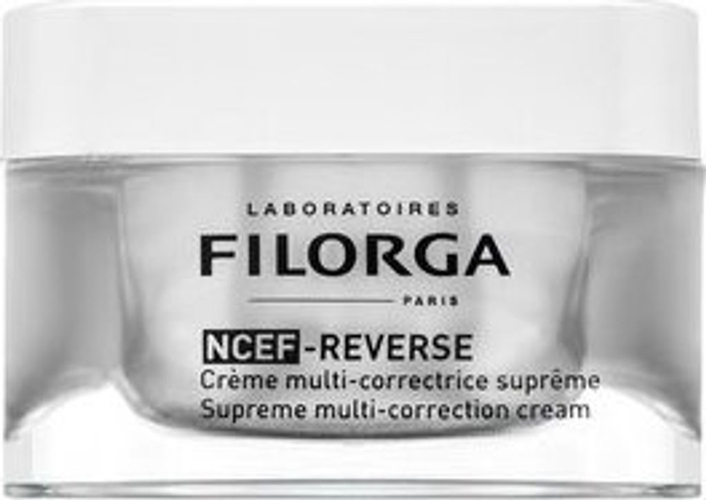 A close-up studio shot of a Filorga NCEF-REVERSE Supreme Multi-Correction Cream jar.