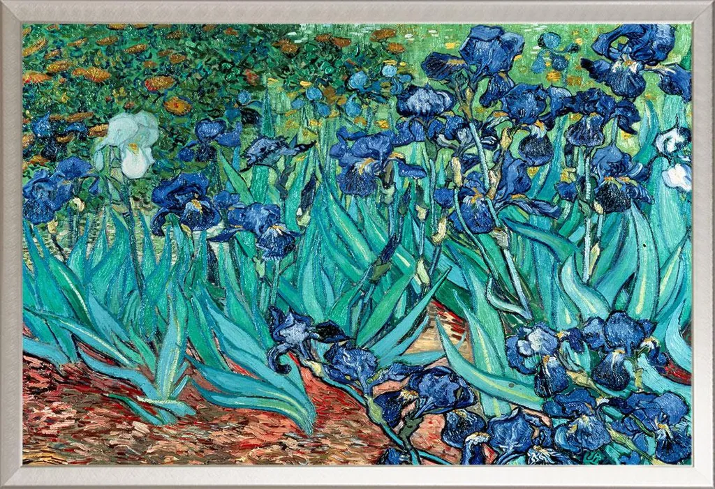 Poster Van Gogh Les Iris sous cadre aluminium argenté avec vitre incassable
