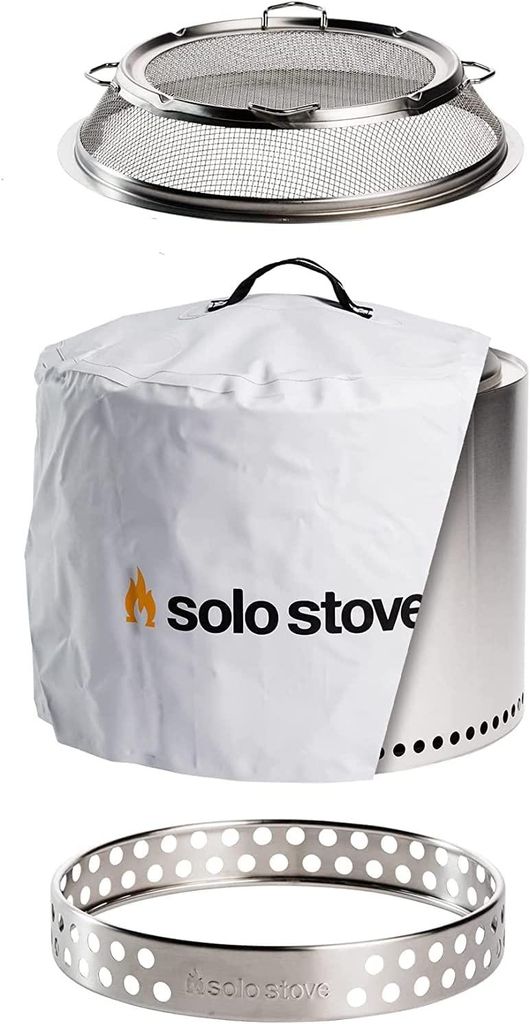 Solo Stove Bonfire 1.0 (III) Feuerstelle Feuerschale Bonfire Outdoor-Kamin Edelstahl, mit Standfuß + Funkenschutz + Abdeckung,Set, für Terrasse G...