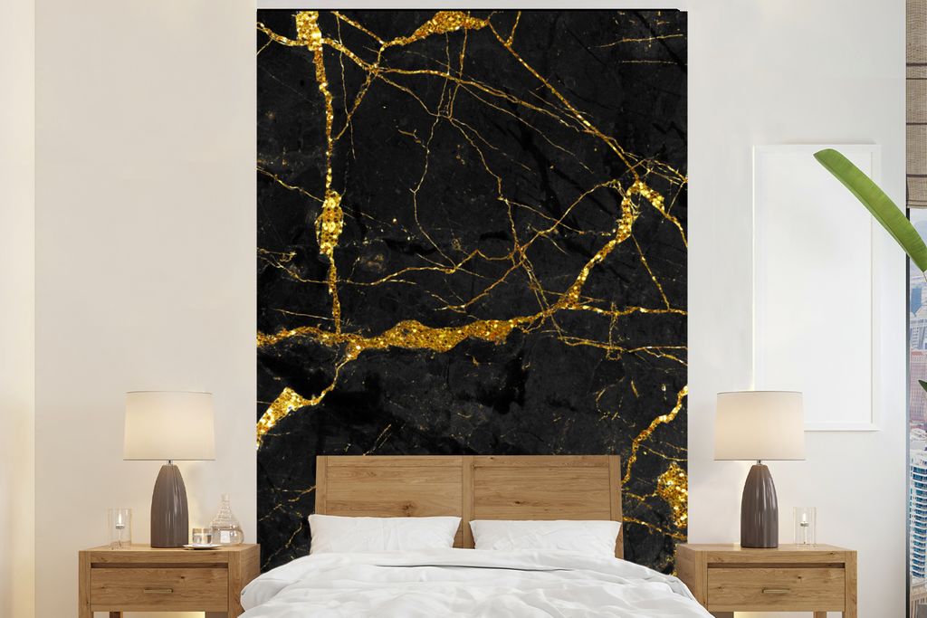 MuchoWow Fototapete für Wohnzimmer oder Schlafzimmer Wandtapete Vinyl Motivtapete Marmor - Gold - Schwarz - Marmoroptik - Luxe - Glitzer - 225x3...