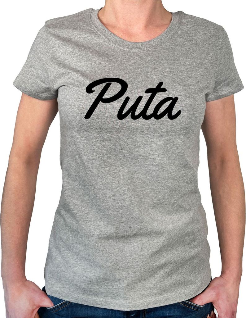 Huuraa Damen T-Shirt Puta spanisch Schriftzug XS Sport Grey Baumwolle Fairtrade Damenshirt Geschenkidee