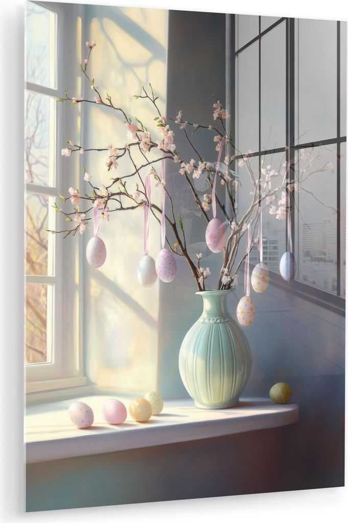 MuchoWow Glasbilder - Bilder auf Wandbild - Foto auf Glas Stillleben - Vase - Osterzweig 60x80 cm Wanddekoration aus Glas - Acrylglasbild - Acrylbi...