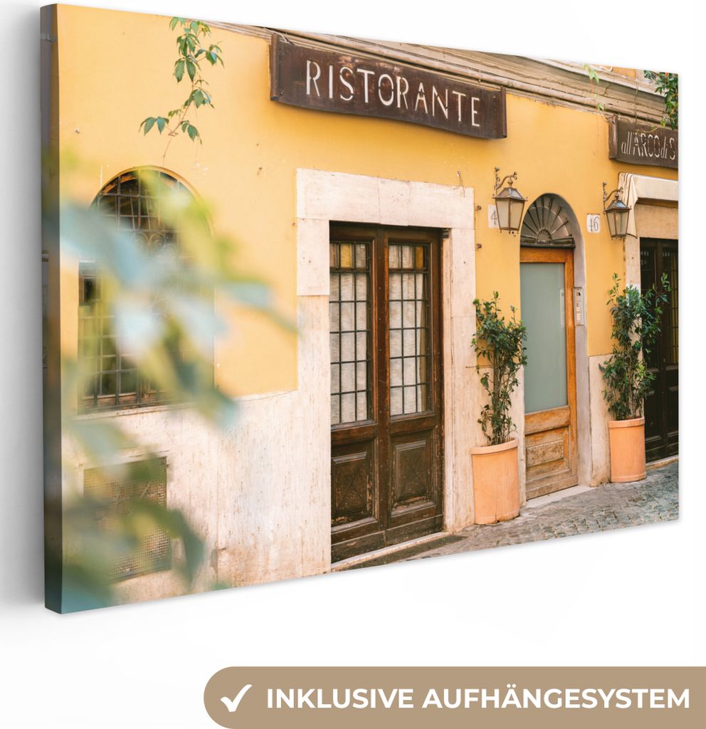 OneMillionCanvasses - Leinwandbilder - 140x90 cm, Rom - Restaurant - Gelb - Pflanzen - Tür, Wandbilder Kunstdruck Wanddekoration - Foto auf Lein...