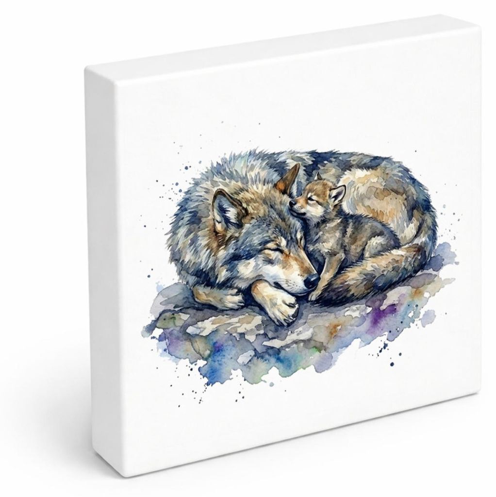 Wolfsrudel Wolf mit Welpe Holzbild in 15x15 cm zum Stellen oder Aufhängen