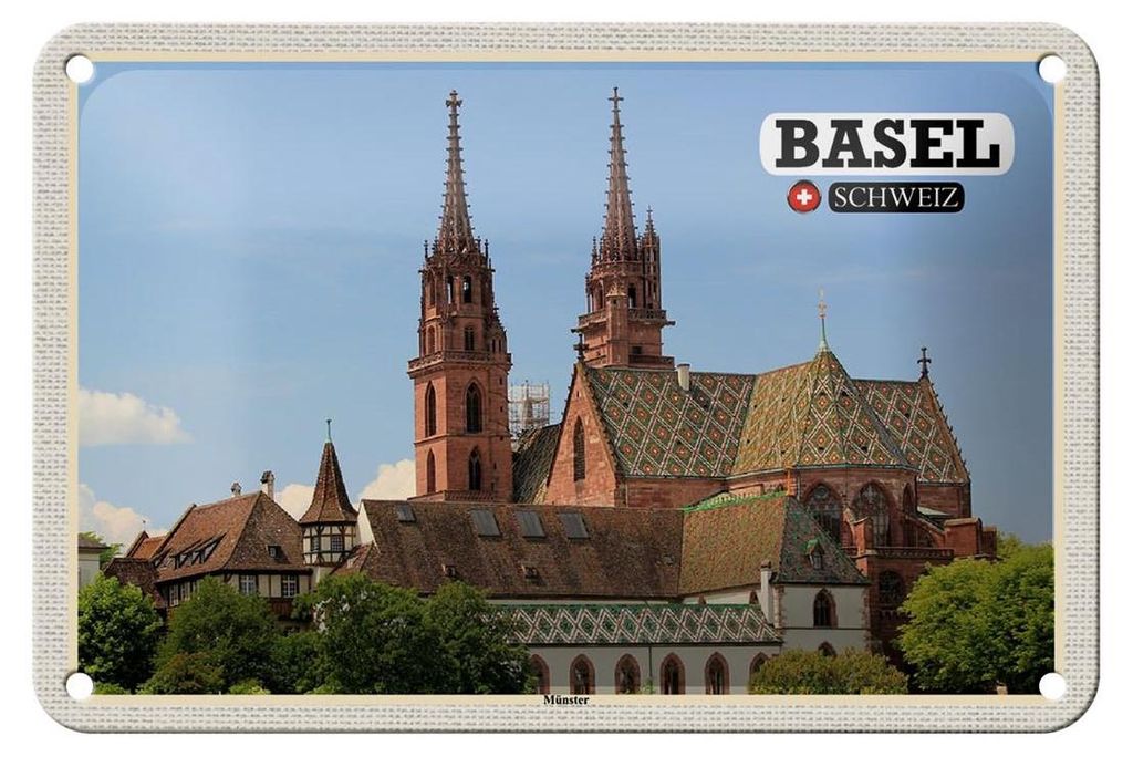 Blechschild Reise Basel Schweiz Münster Kirche 18x12cm Dekoration