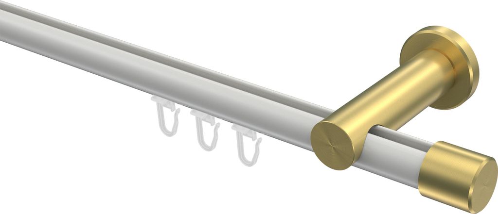 Interdeco Innenlaufstange / Gardinenstange mit Innenlauf Weiß / Messing-Optik, Typ Platon Santo (Kappe), 20 mm Ø 1-läufig, 260 cm