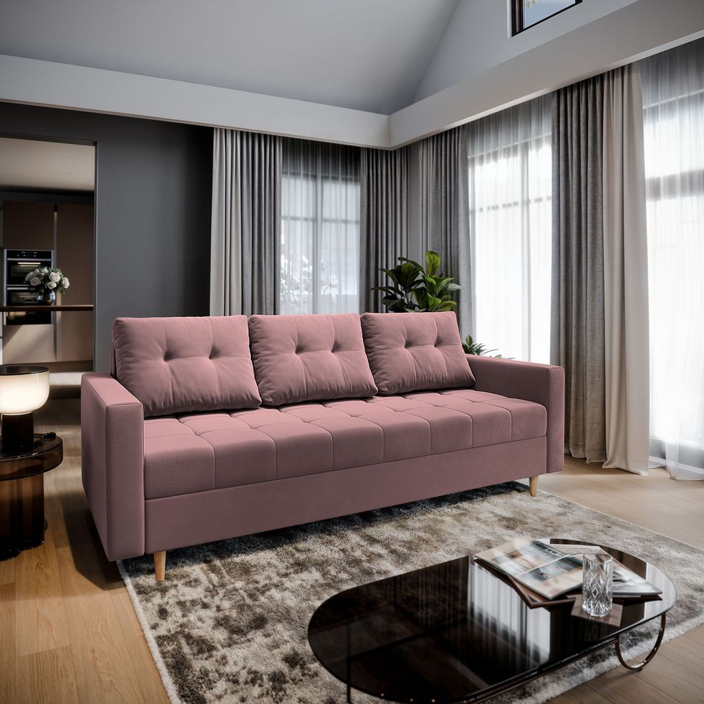 Sofa MILO Rosa Plüsch-Stoff mit Schlaffunktion, Sofa mit Bettkasten, Sofa mit Bettkasten, Wohnzimmersofa, Couch, Soffa, Bettsofa, Couchgarnitur- R...